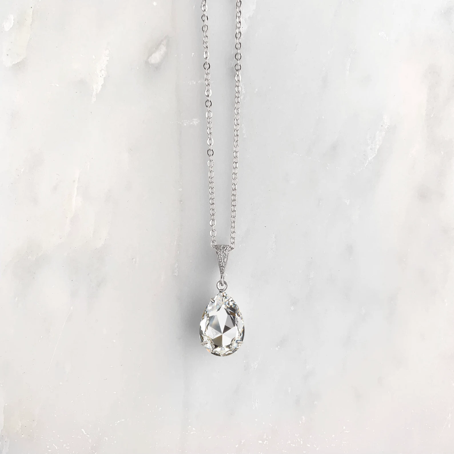 diamond crystal teardrop pendant necklace silver