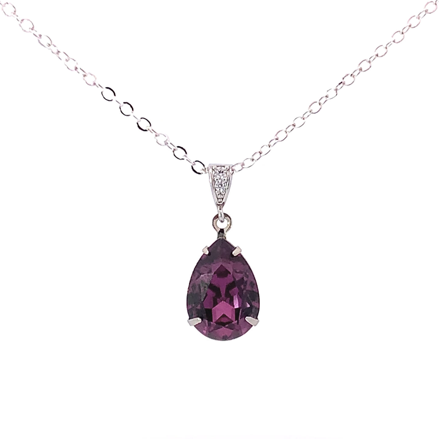 amethyst crystal teardrop pendant necklace silver