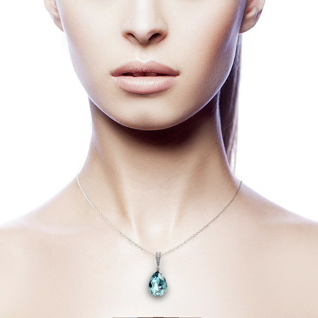 aquamarine crystal teardrop pendant necklace silver