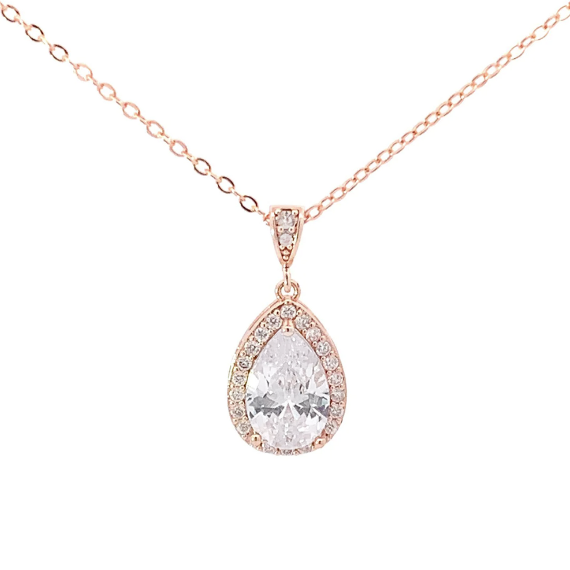 Teardrop halo pendant necklace rose gold