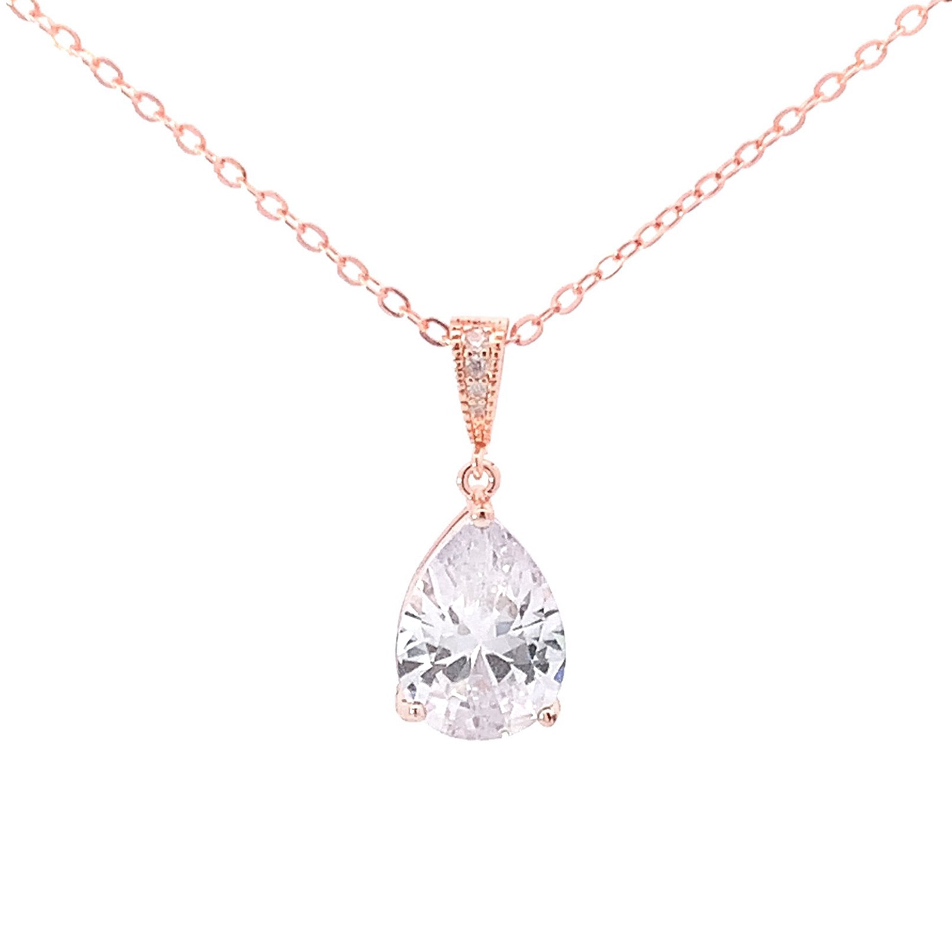 Teardrop bridal pendant necklace rose gold