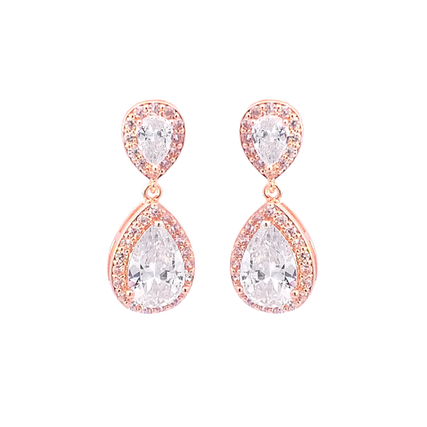 Teardrop halo bridal earrings in rose gold