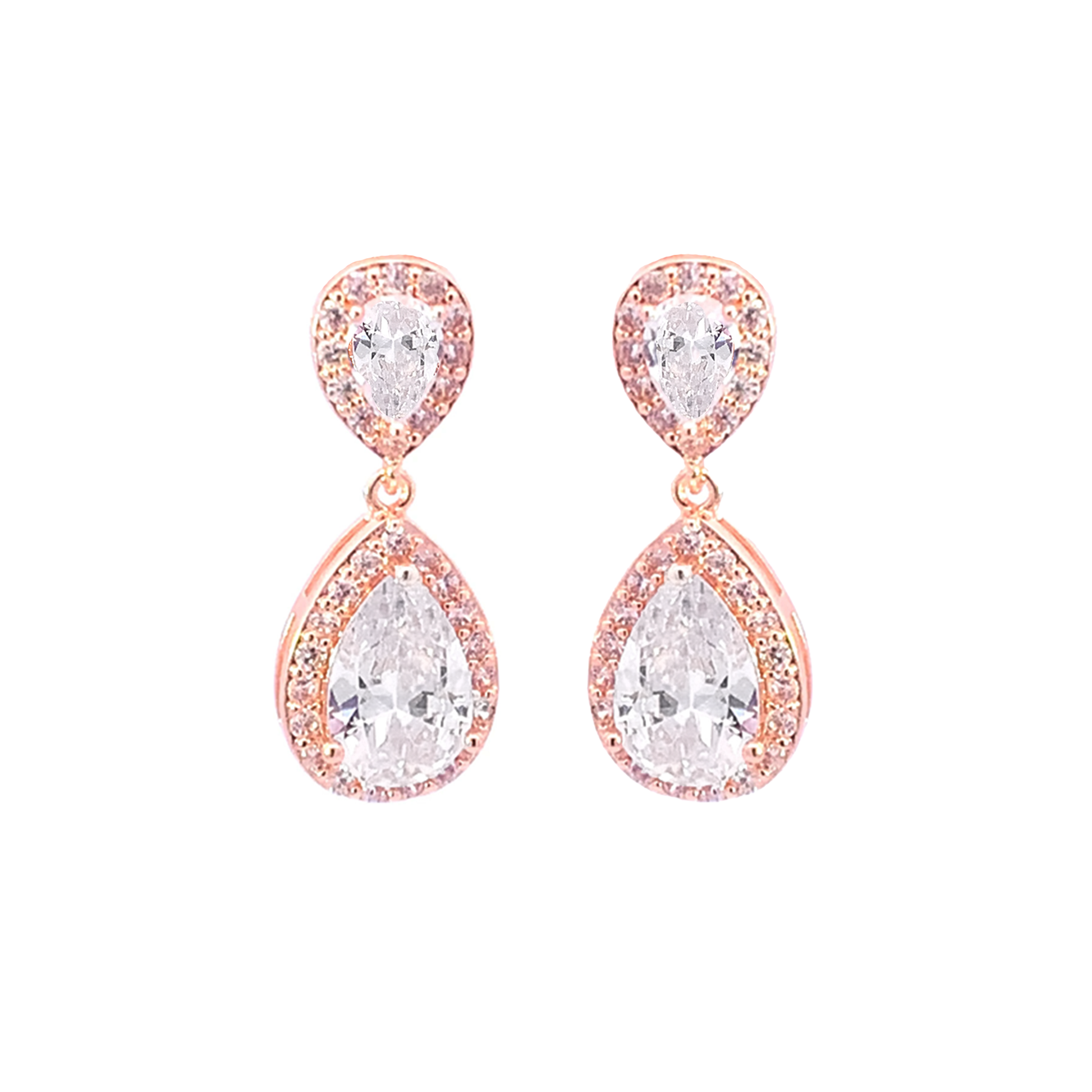 Teardrop halo bridal earrings in rose gold