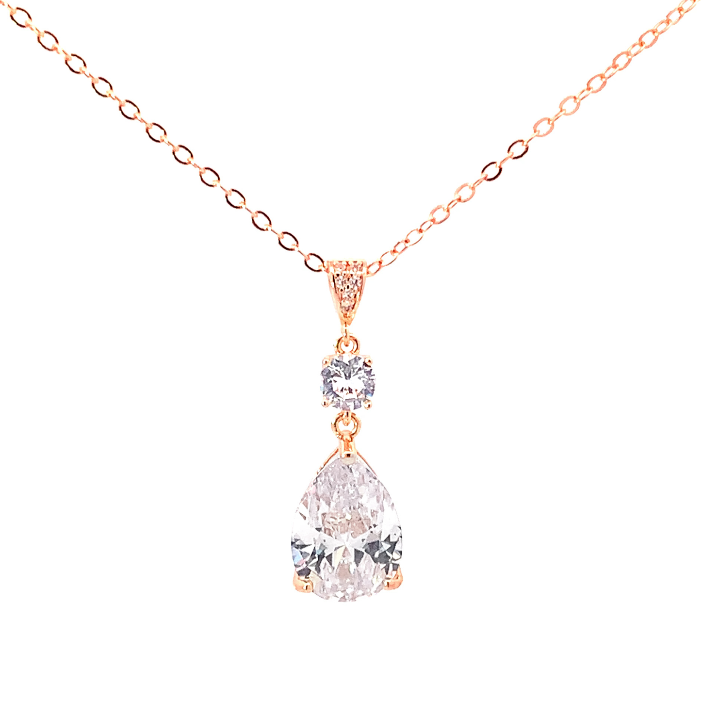 Crystal pear bridal pendant necklace rose gold