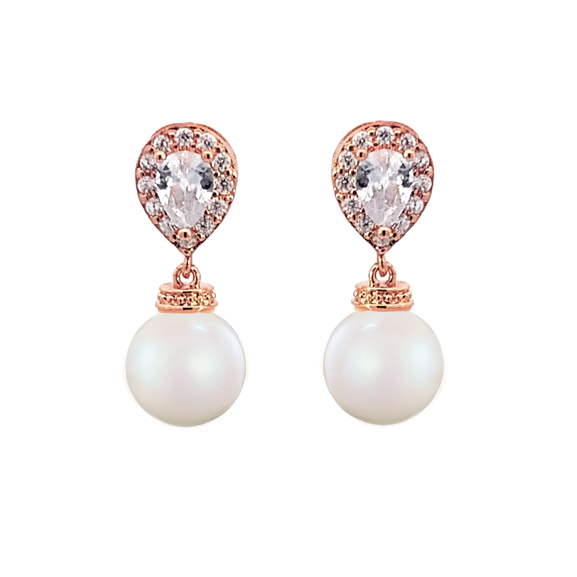 Pearl drop crystal stud earrings rose gold