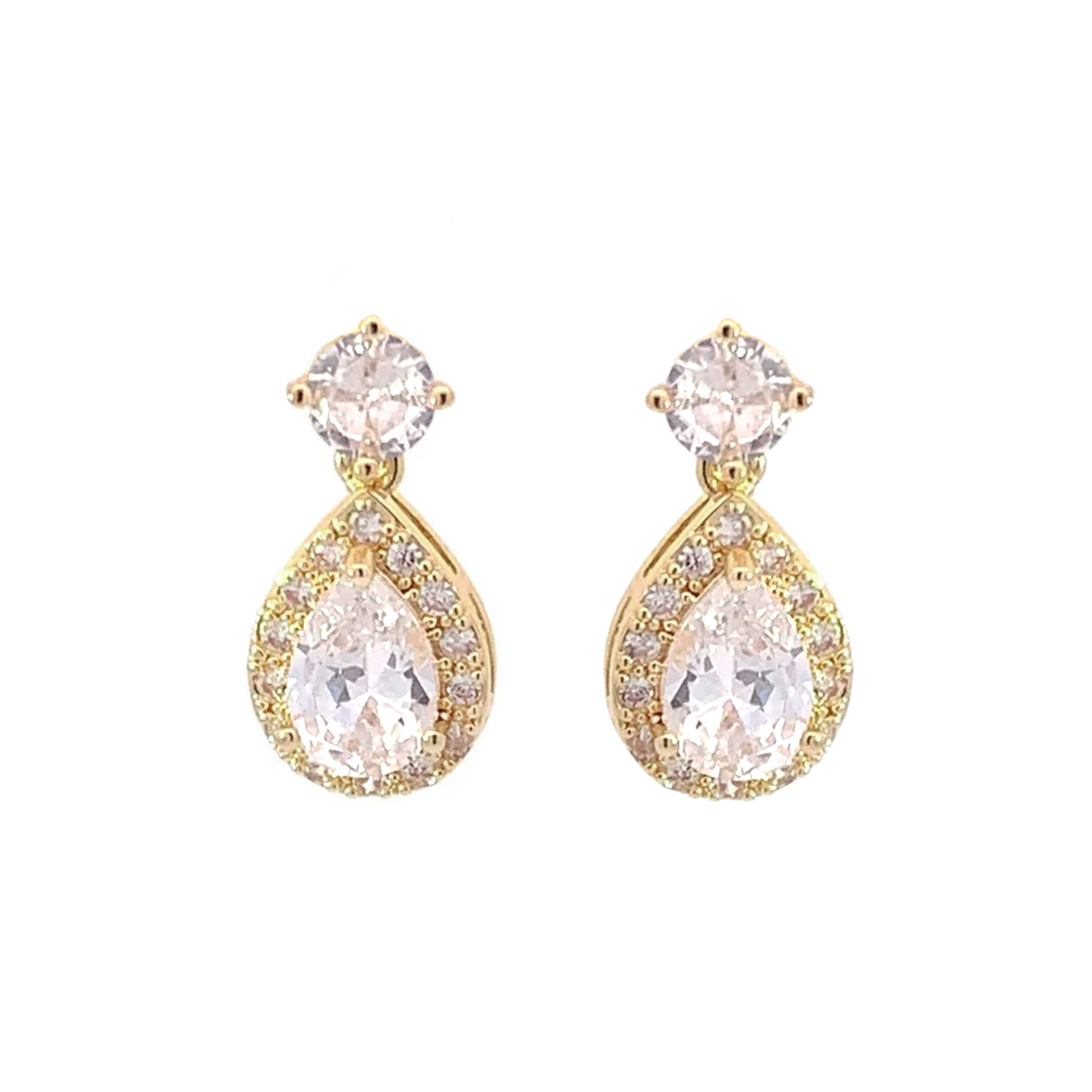 gold teardrop bridal earrings halo