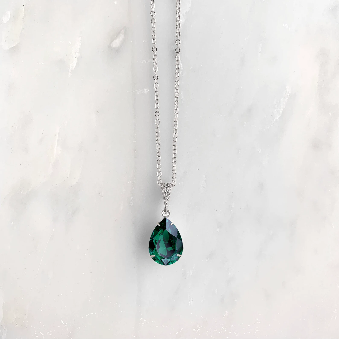 emerald crystal teardrop pendant necklace silver
