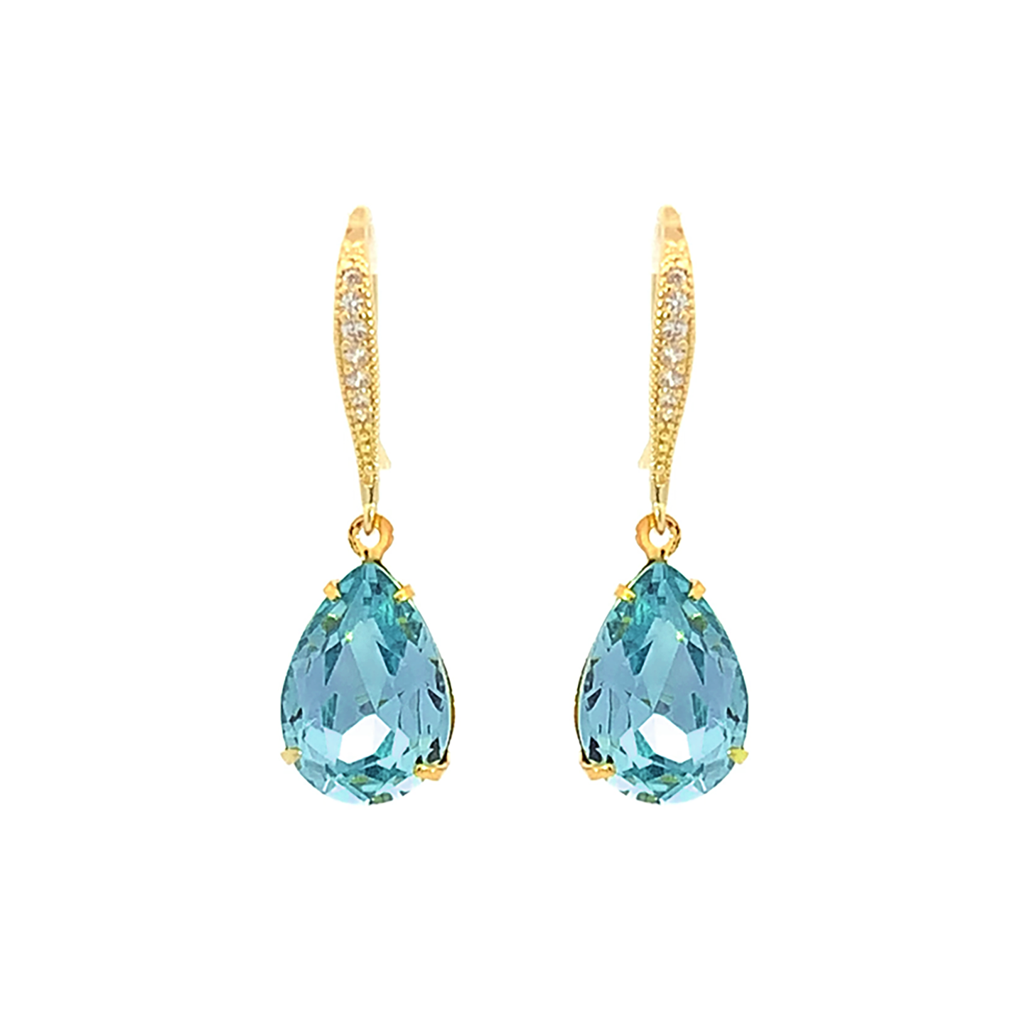 Aquamarine crystal teardrop earrings gold