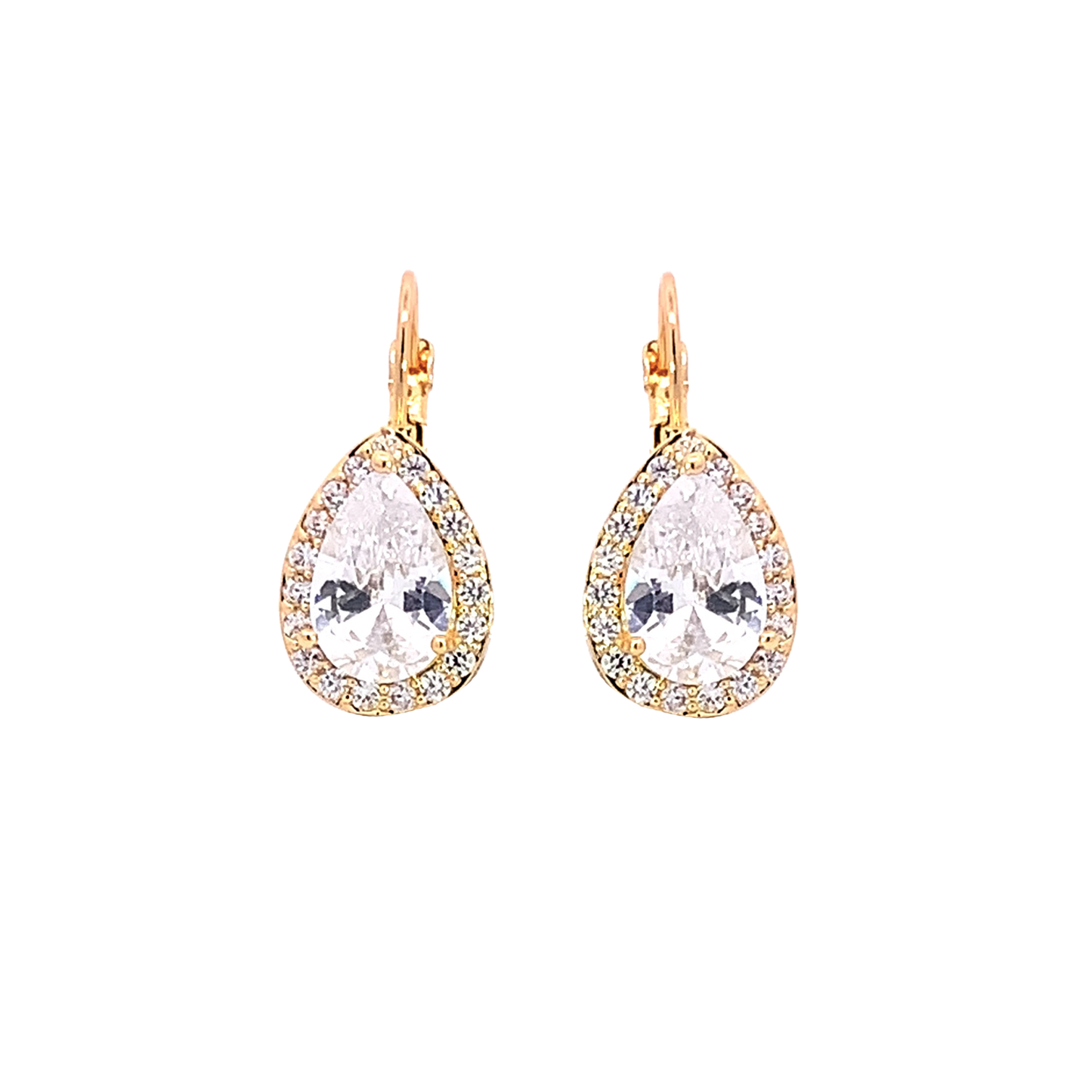 pear shaped crystal drop earrings with lever back posts in gold
