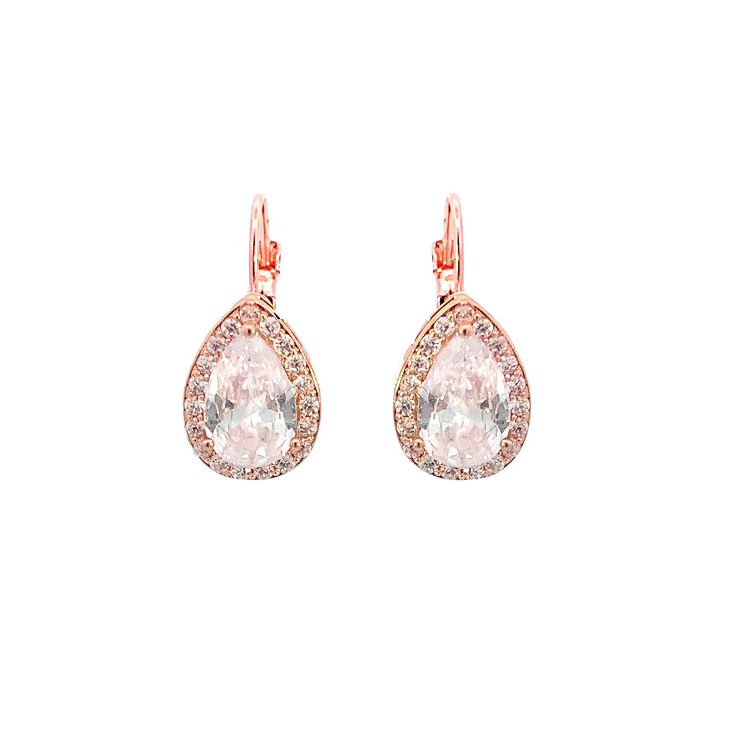 pear shaped crystal drop earrings with lever back posts in rose gold