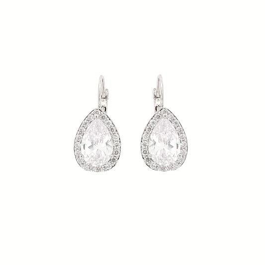 pear shaped crystal drop earrings with lever back posts in silver