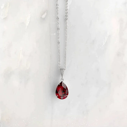 garnet crystal teardrop pendant necklace silver