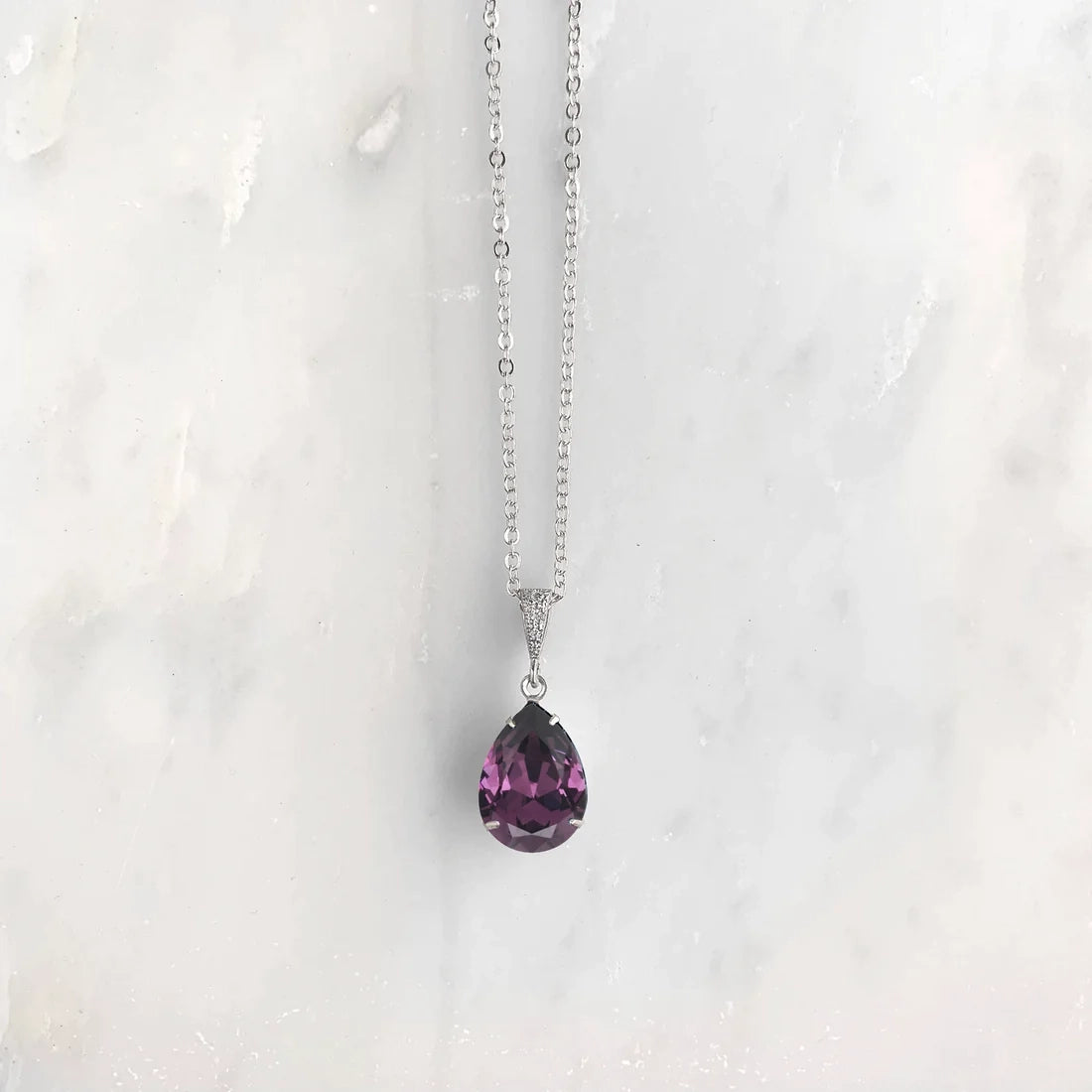 amethyst crystal teardrop pendant necklace silver