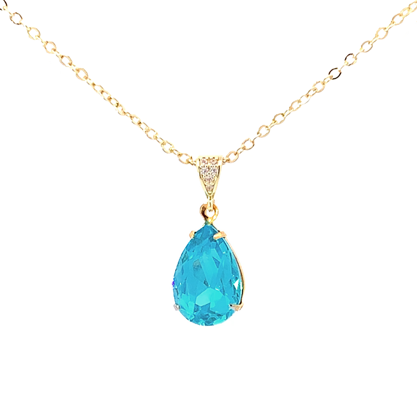 blue zircon crystal teardrop pendant necklace gold