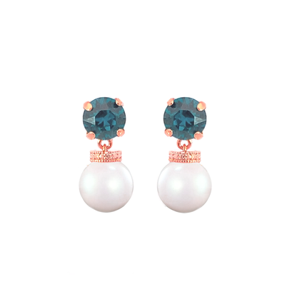 Blue zircon pearl drop earrings rose gold