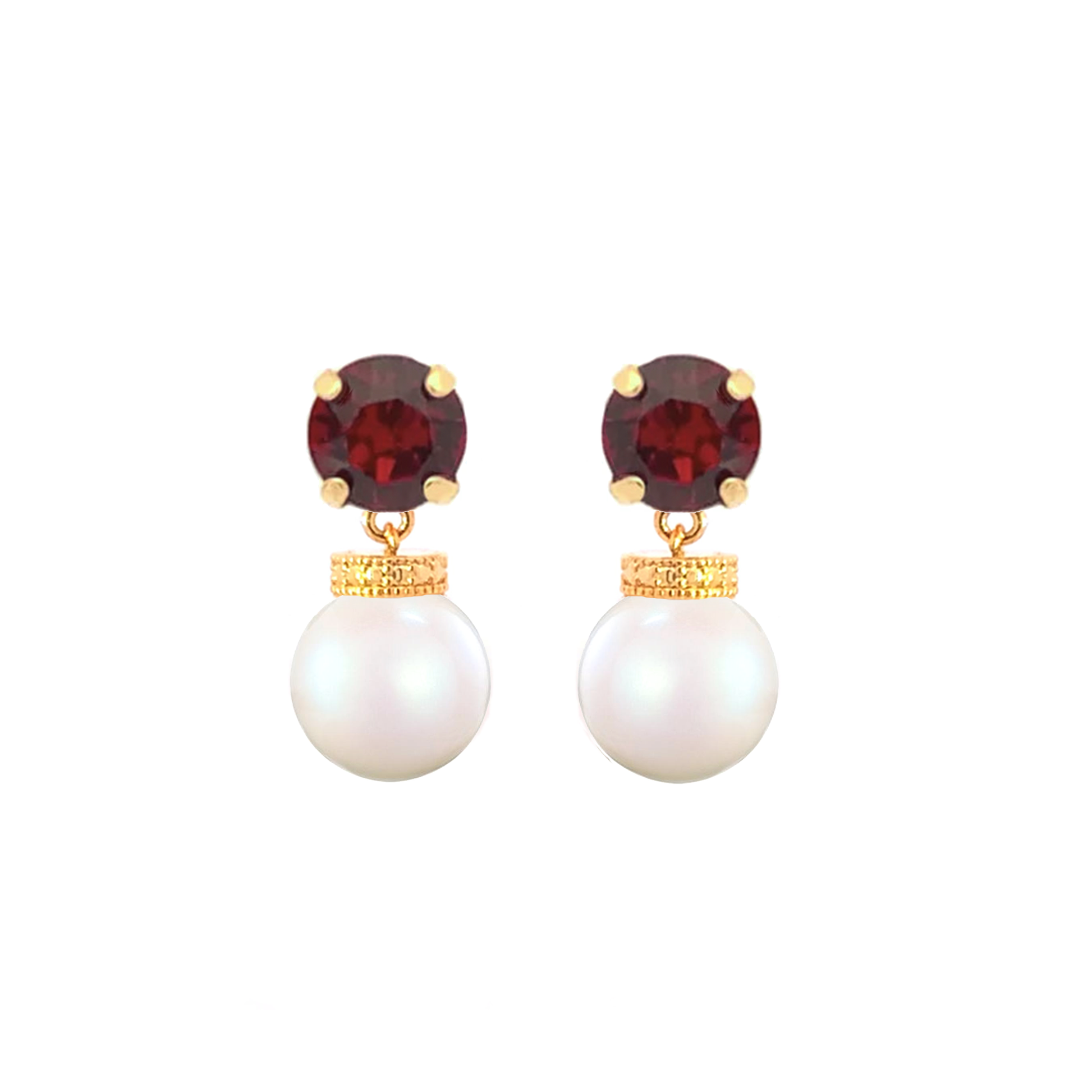 Garnet pearl drop earrings gold
