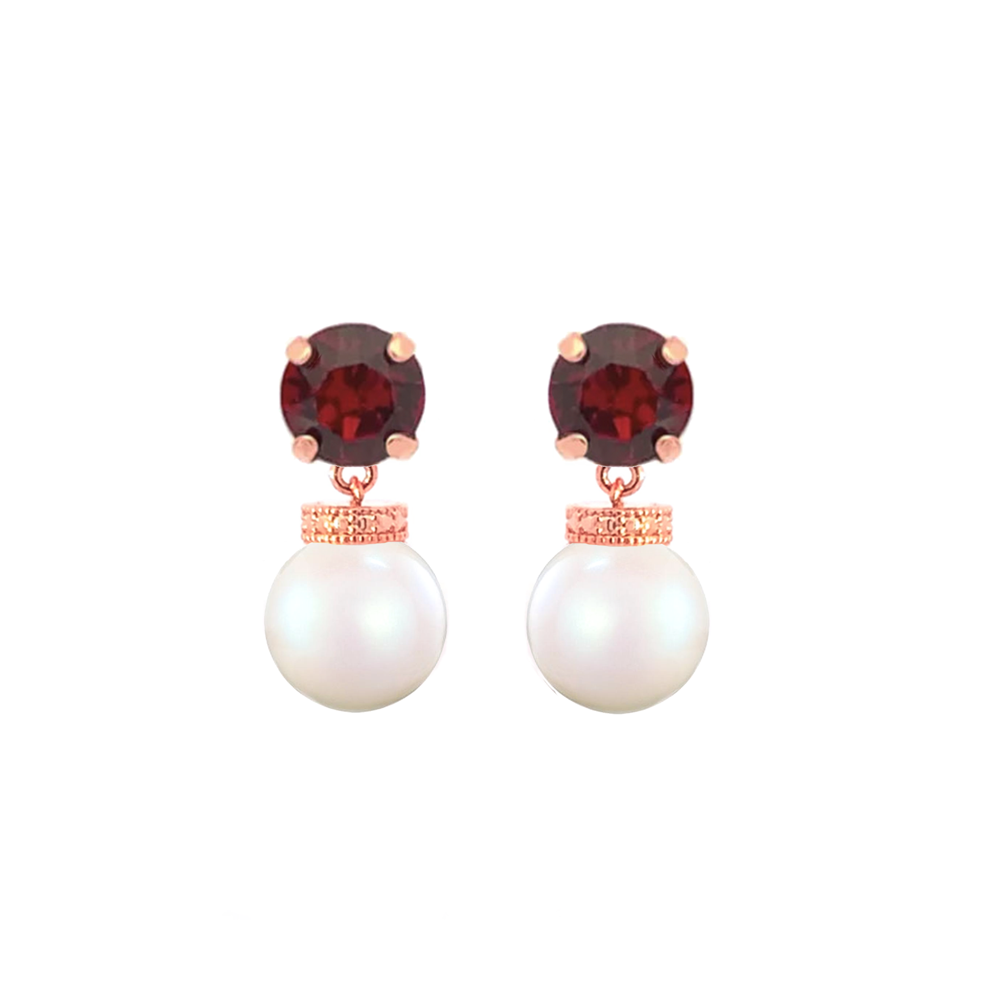 Garnet pearl drop earrings rose gold
