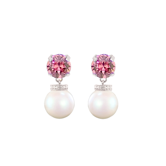 Pink tourmaline pearl drop earrings silver