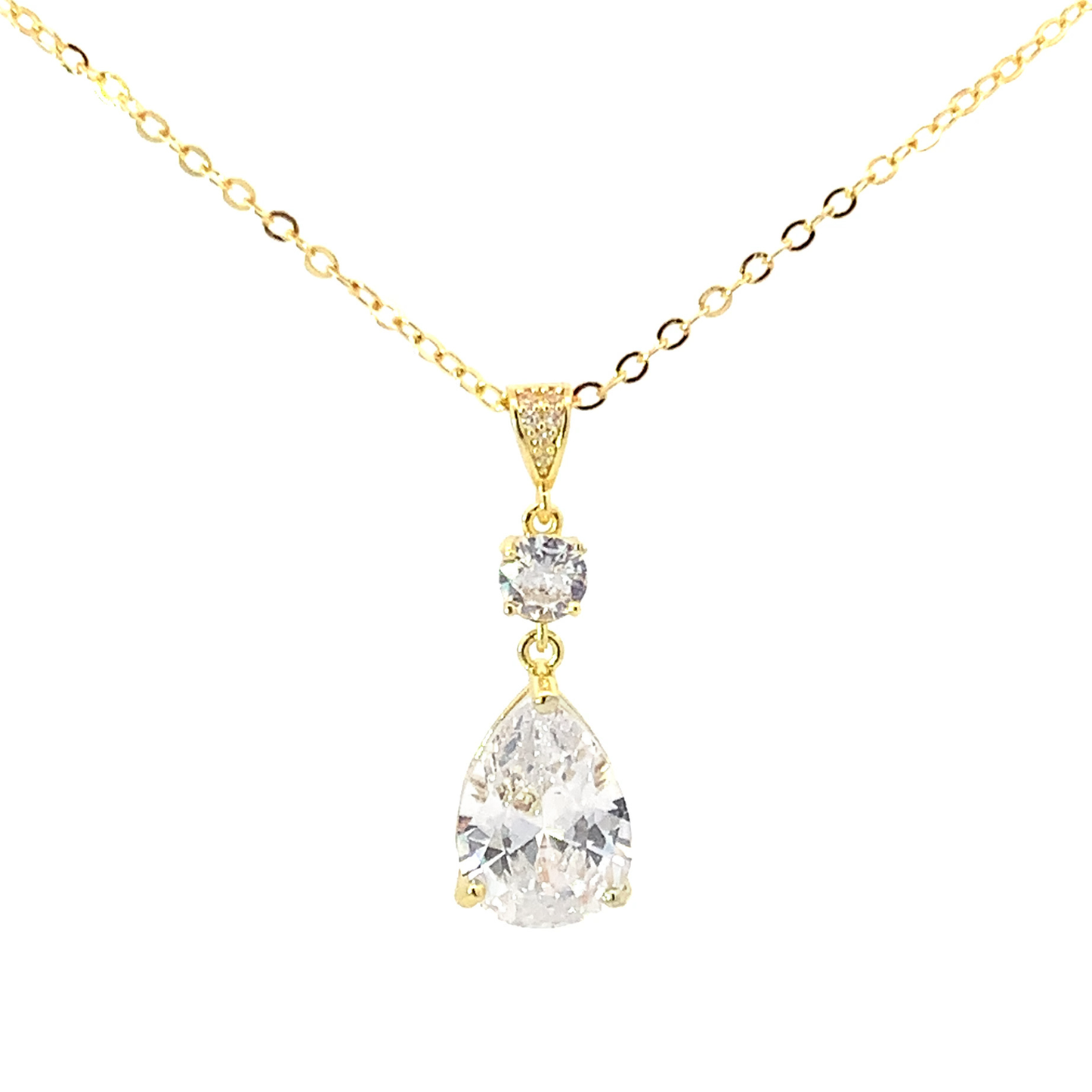 Crystal pear bridal pendant necklace gold