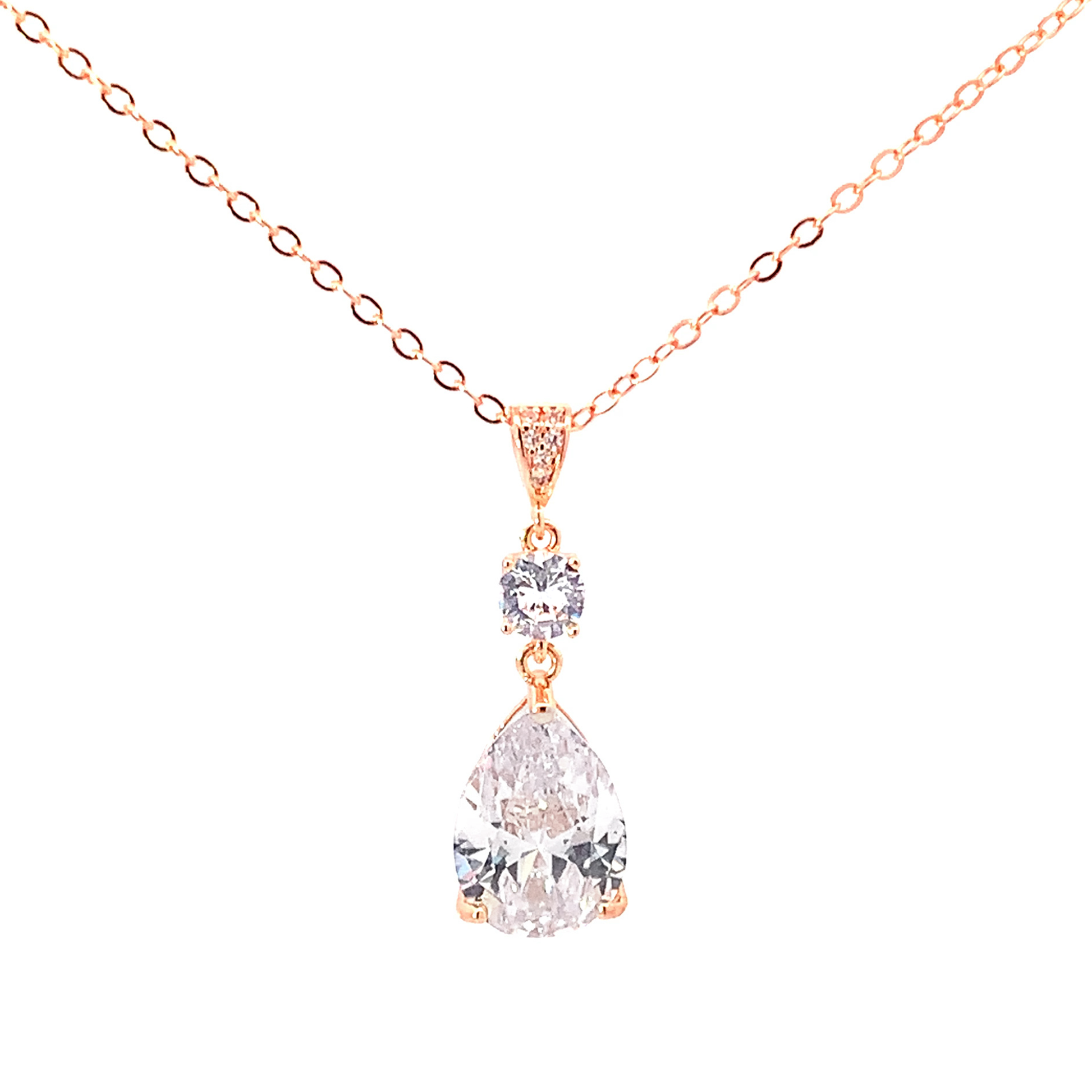 Crystal pear bridal pendant necklace rose gold