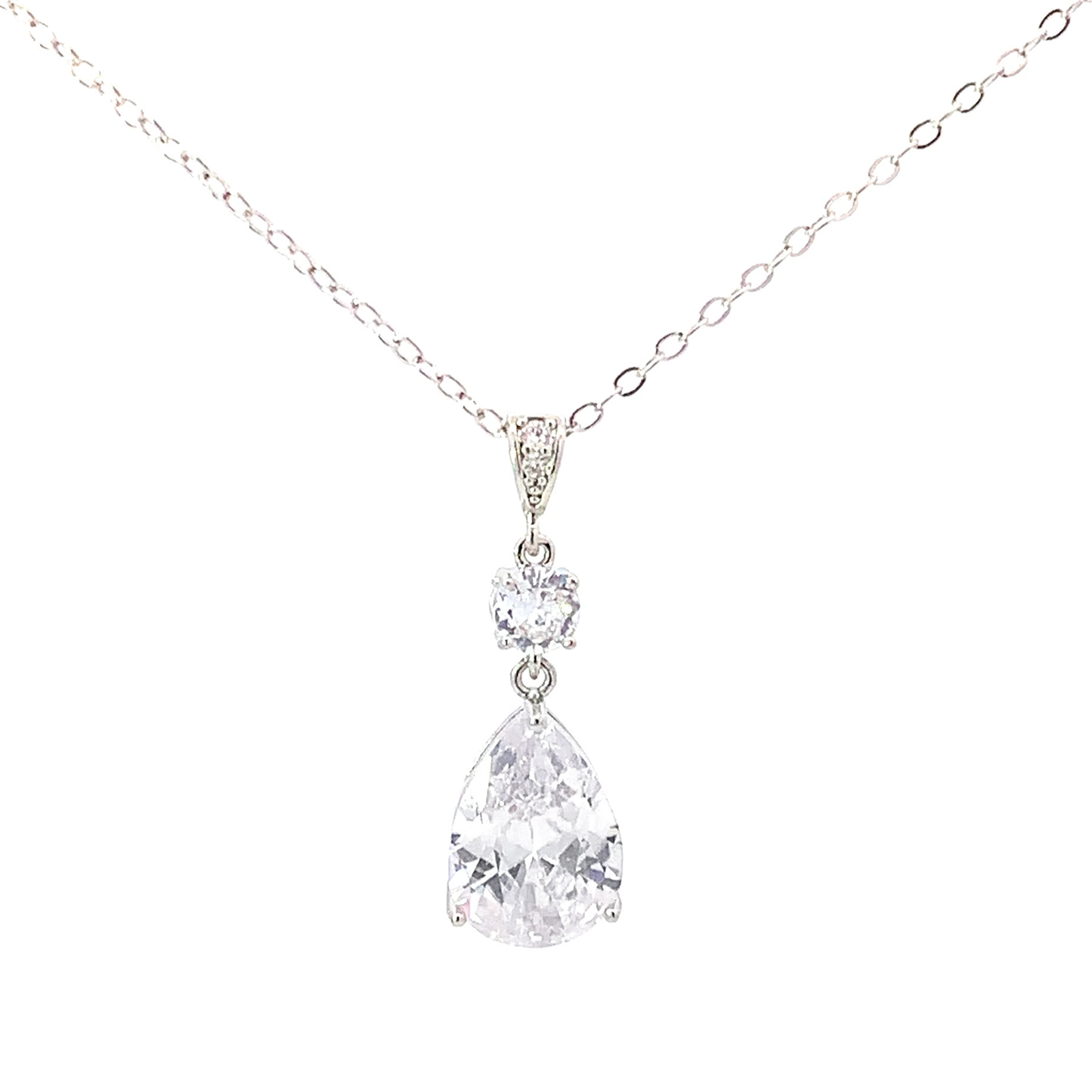 Crystal pear bridal pendant necklace silver