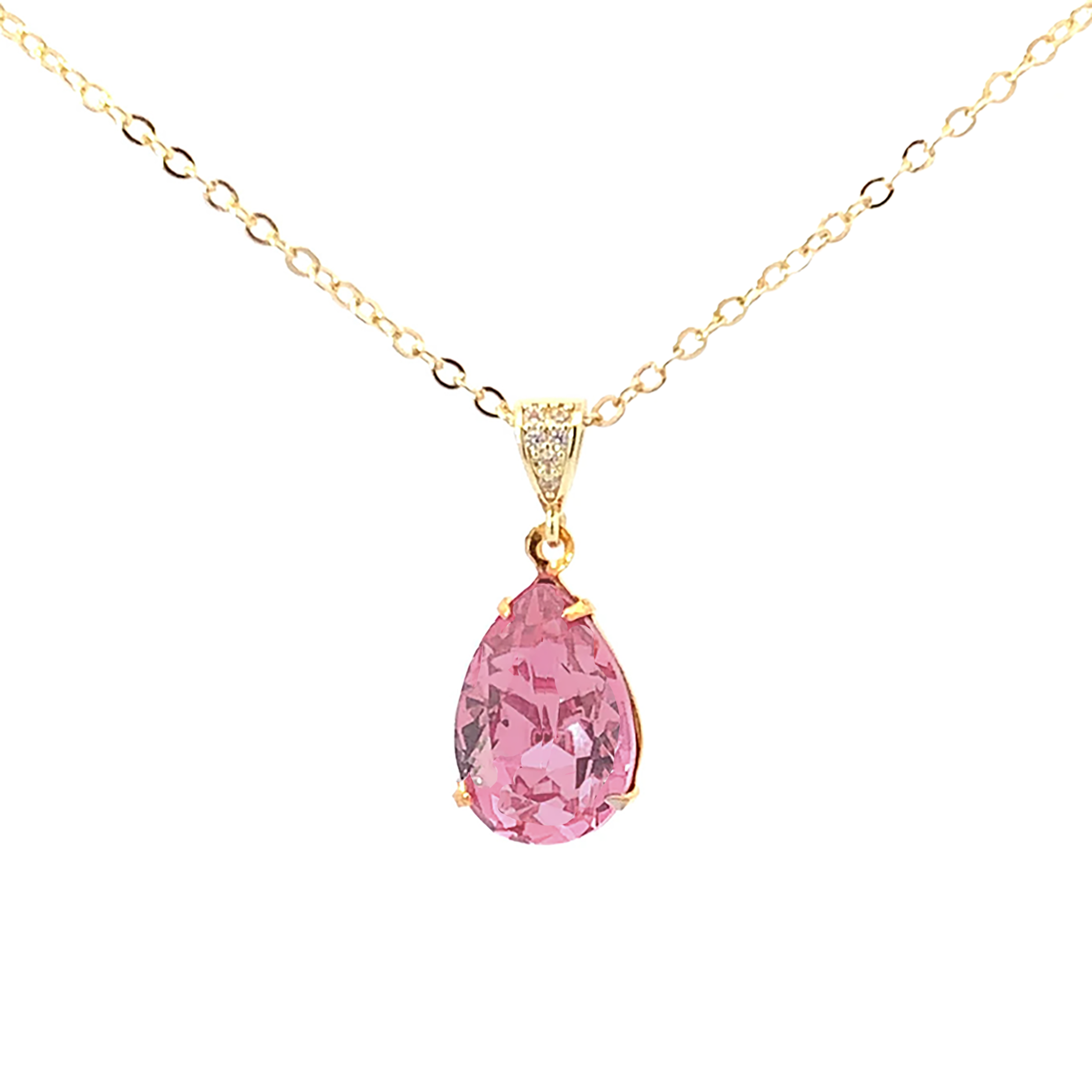 pink tourmaline crystal teardrop pendant necklace gold