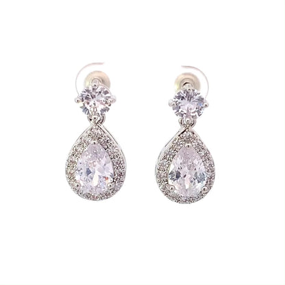 silver teardrop bridal earrings halo
