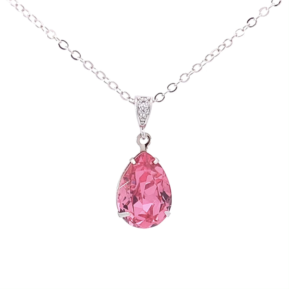 pink tourmaline crystal teardrop pendant necklace silver