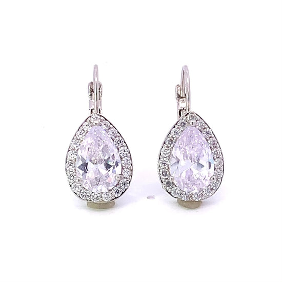 pear shaped crystal drop earrings with lever back posts in silver
