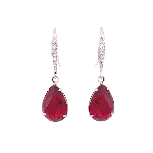 ruby crystal teardrop earrings silver